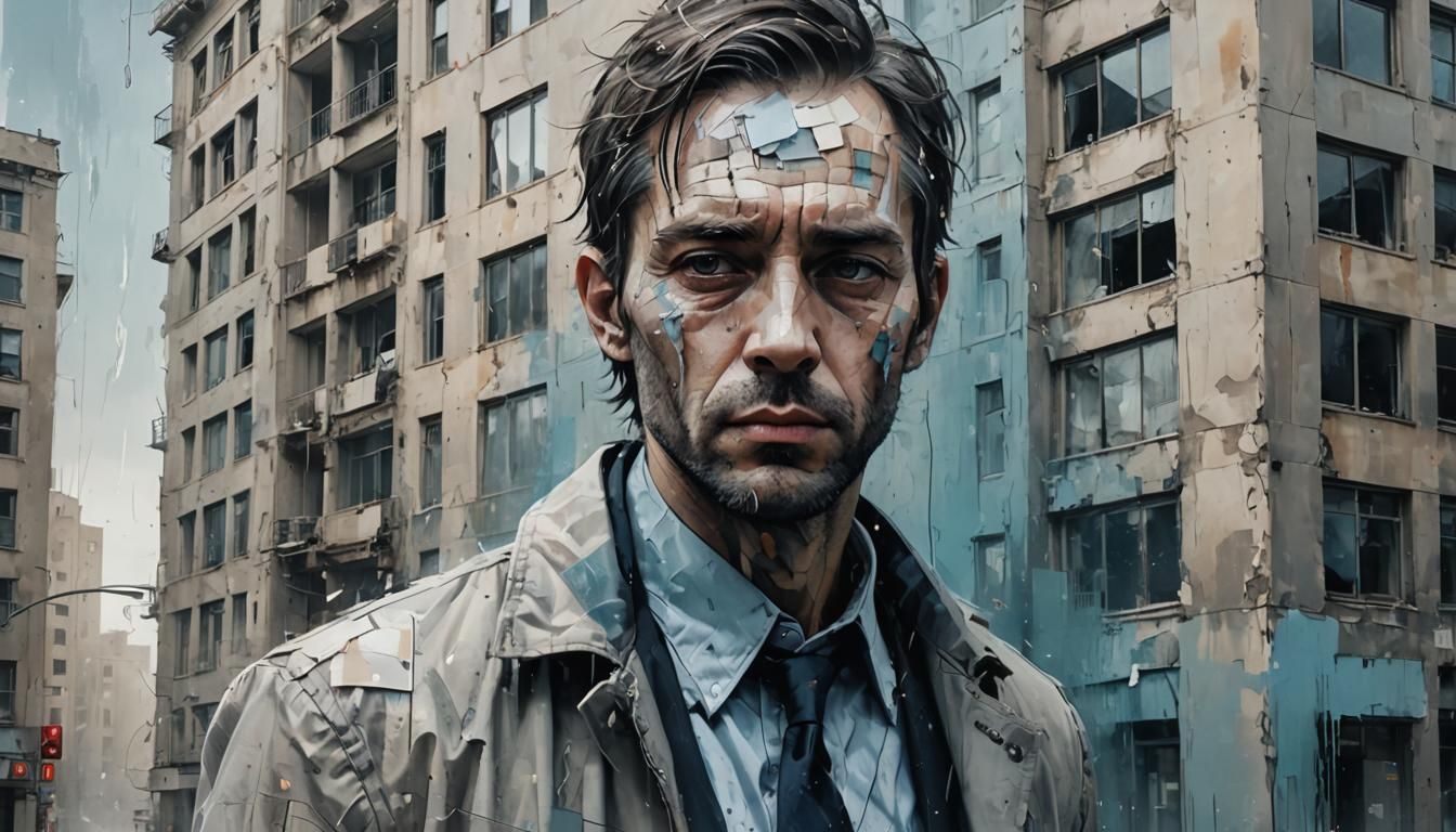 Surreal Portrait: Man and Office Building in Dreamlike Style