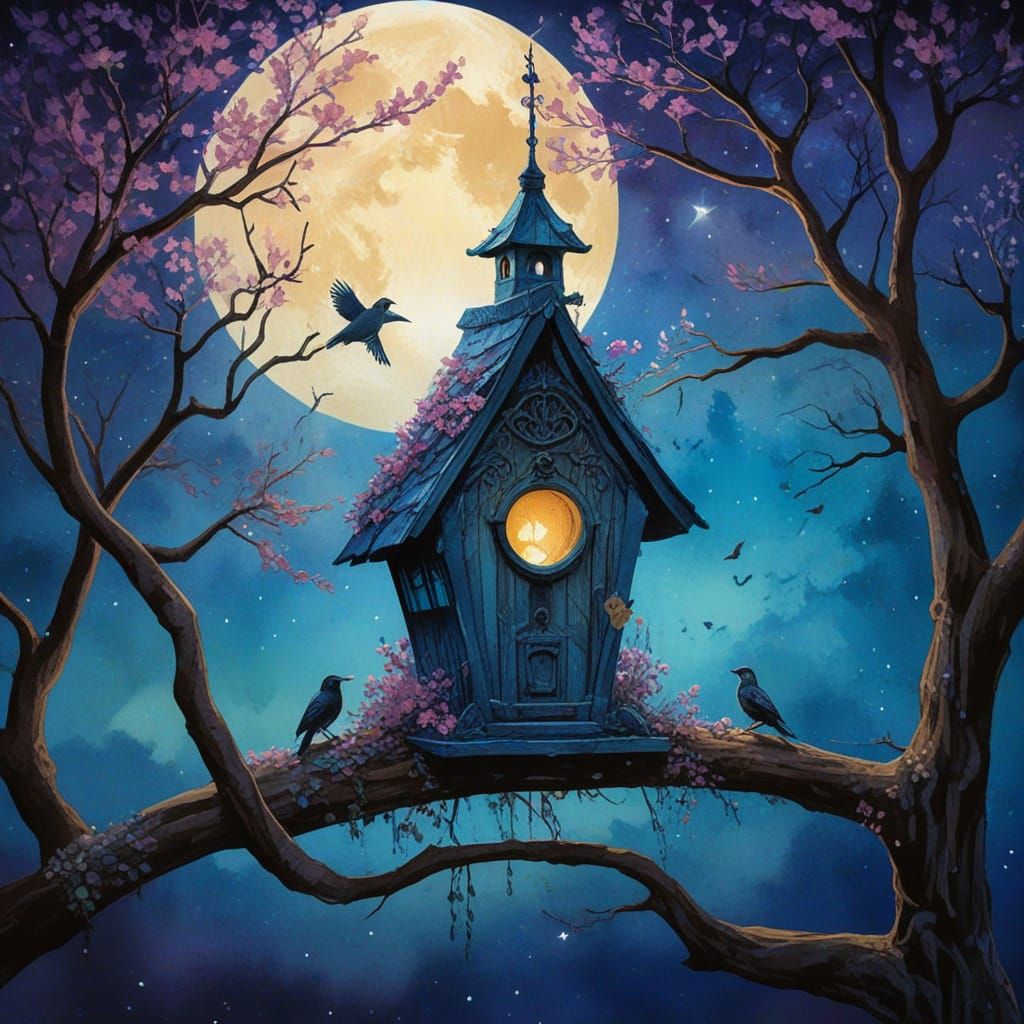 Fairytale Birdhouse Watercolor Painting with Birds