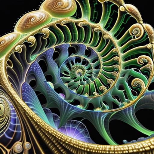 Bioluminescent Fractal Snail Shell with Gold Details