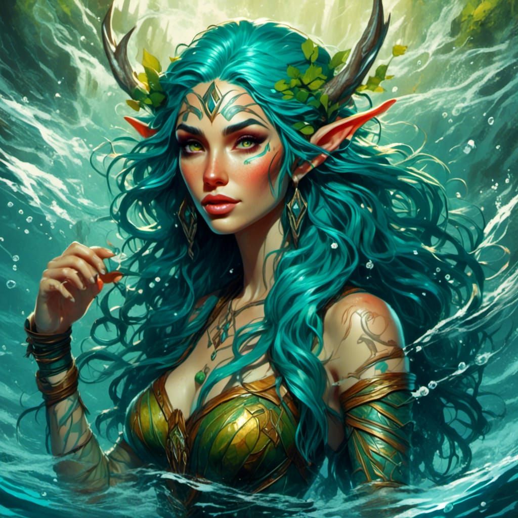 Elf Sorceress Swimming in River: Fantasy Illustration