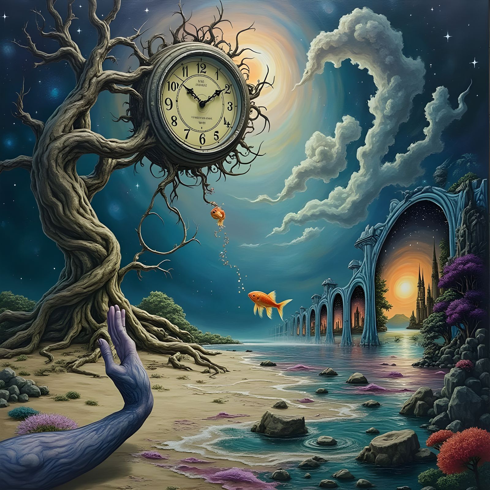 Surreal Clockwork Odyssey in Vibrant, Dreamlike Landscape