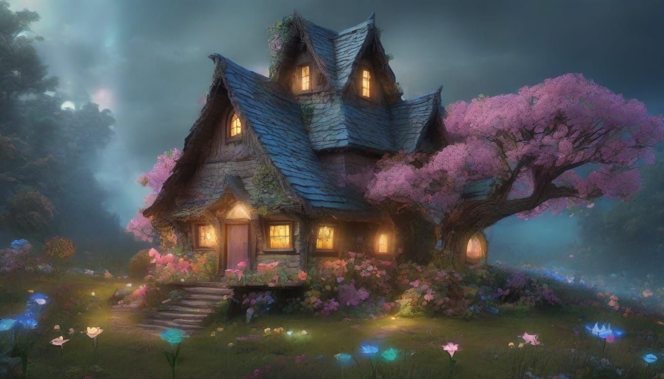 Enchanted Fairy House in Bioluminescent Forest
