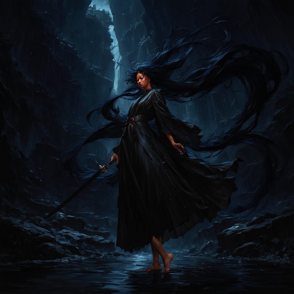 Anime Boy with Katana in Crumbling River Setting