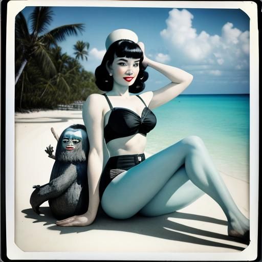 Yeti and Bettie Page on Tropical Beach in Polaroid
