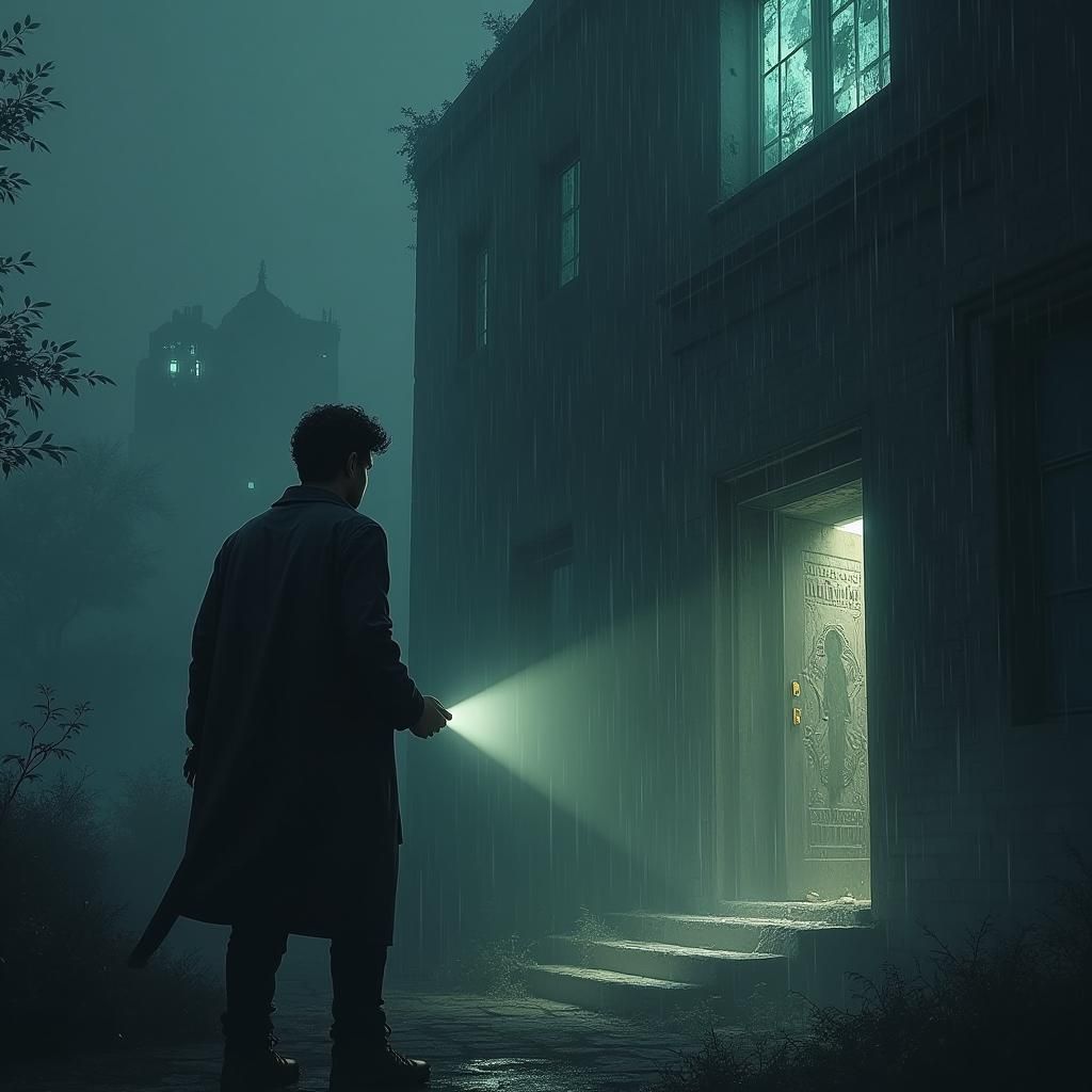 Eerie Building at Night with Ghostly Apparition