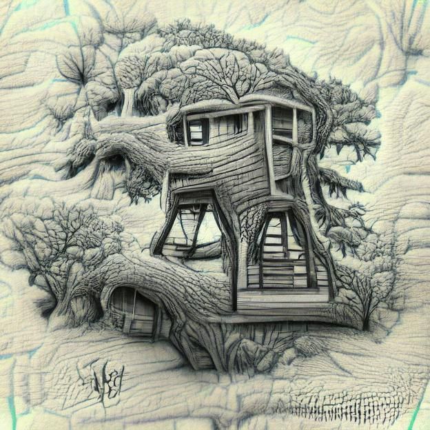 Garden Treehouse in Pencil Sketch Style