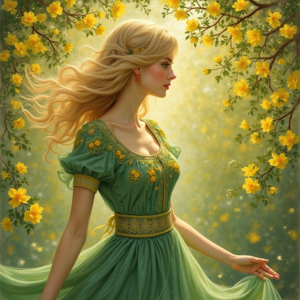 Blonde Woman in Floral Dress, Art Nouveau Style
