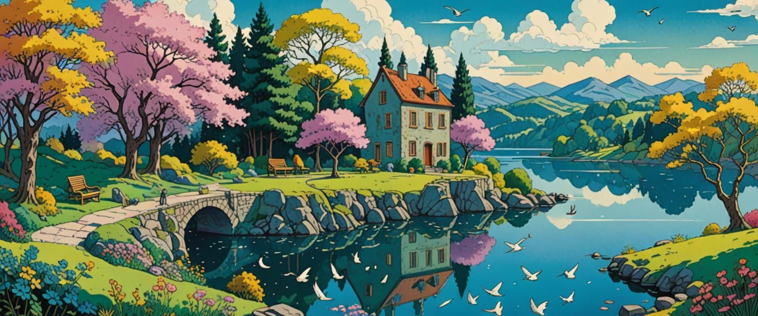 Spring Lake Scene in Naive Folk Art Style