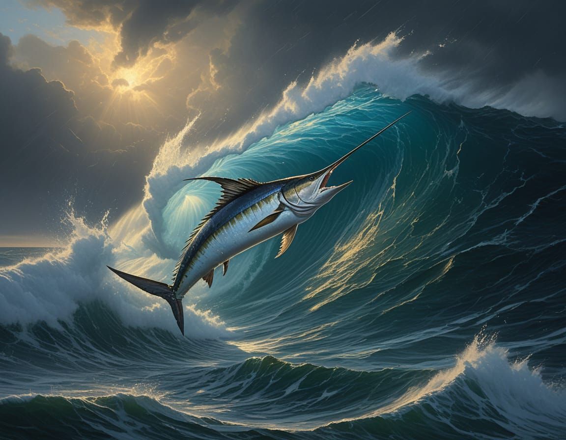 Fisherman Battles Marlin in Stormy Seas: Impasto Style