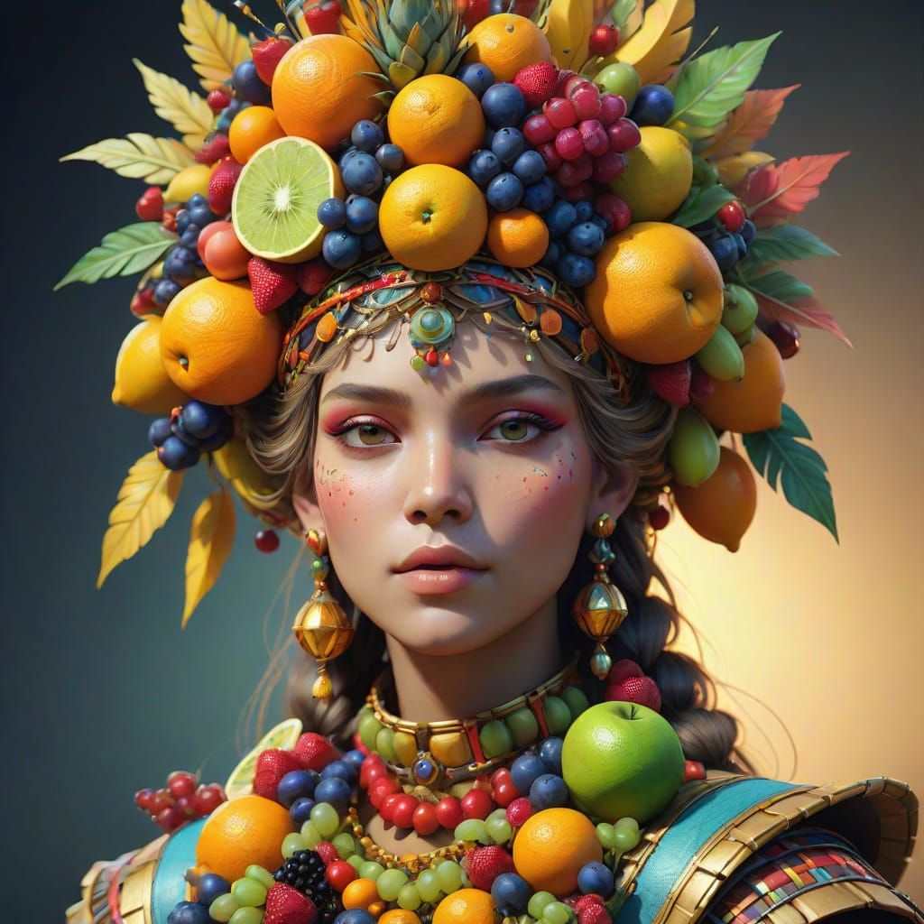 Surreal Portrait of Woman with Avant-Garde Fruit Headpiece