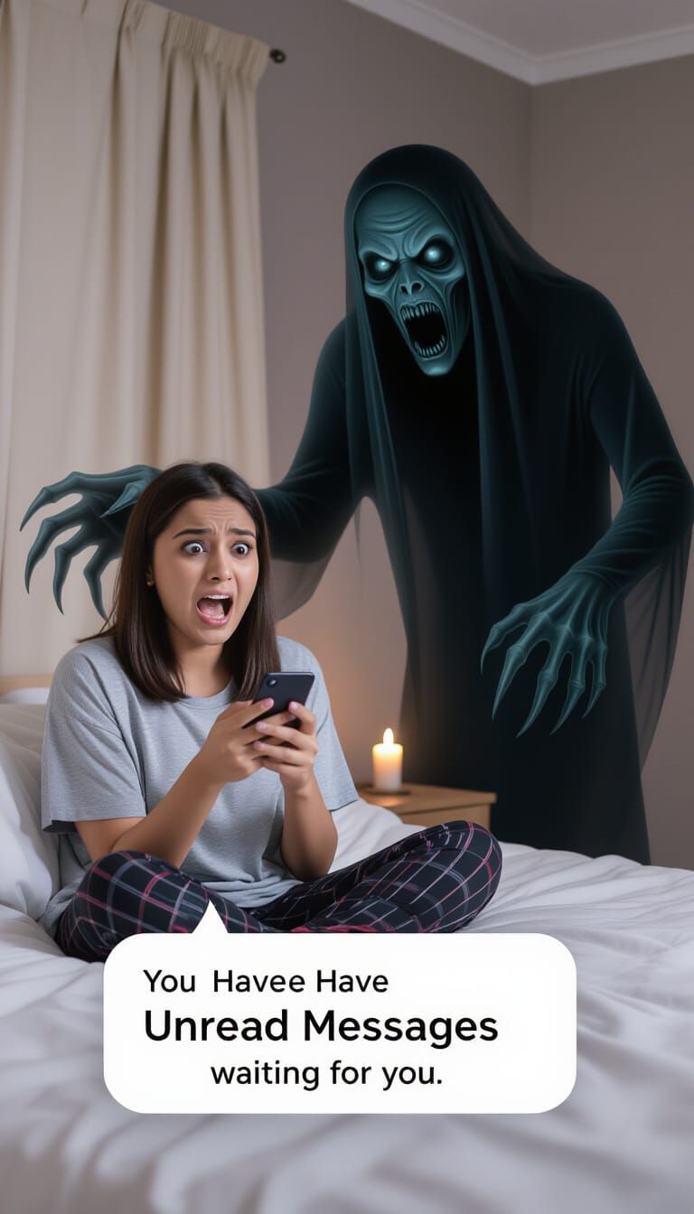 Terrified Woman Confronts Ghostly Figure in Dark Bedroom