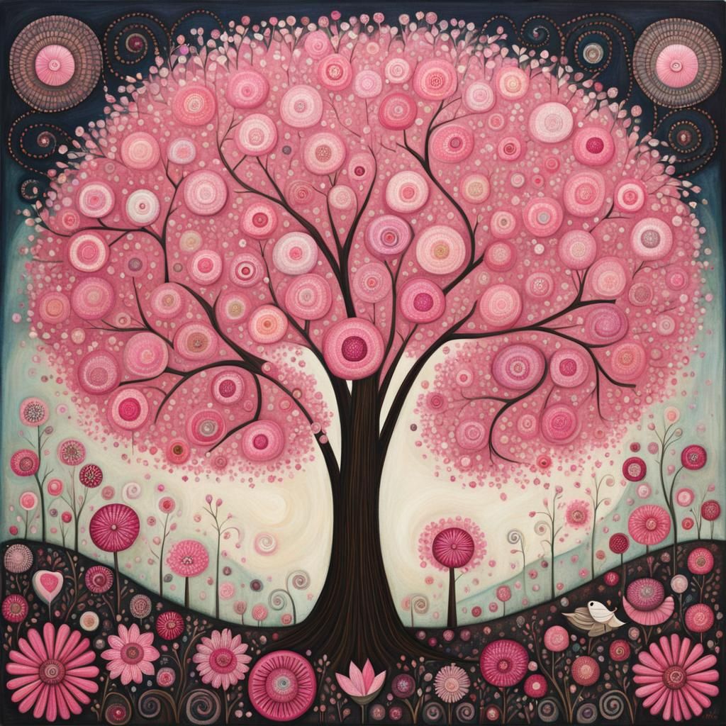 Blooming Pink Tree in Art Brut Style