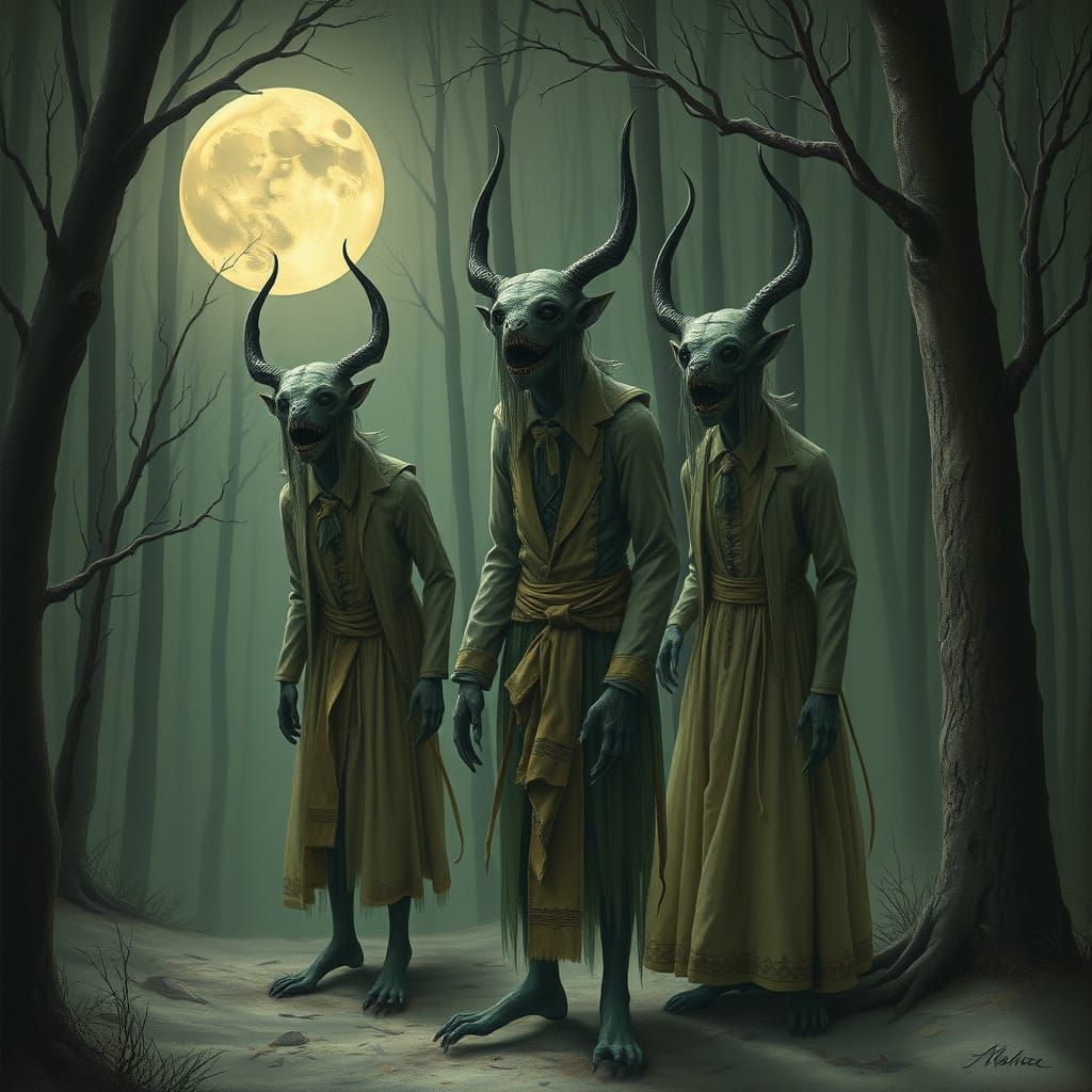 Victorian Spectres in Moonlit Forest: Dark Whimsical Art