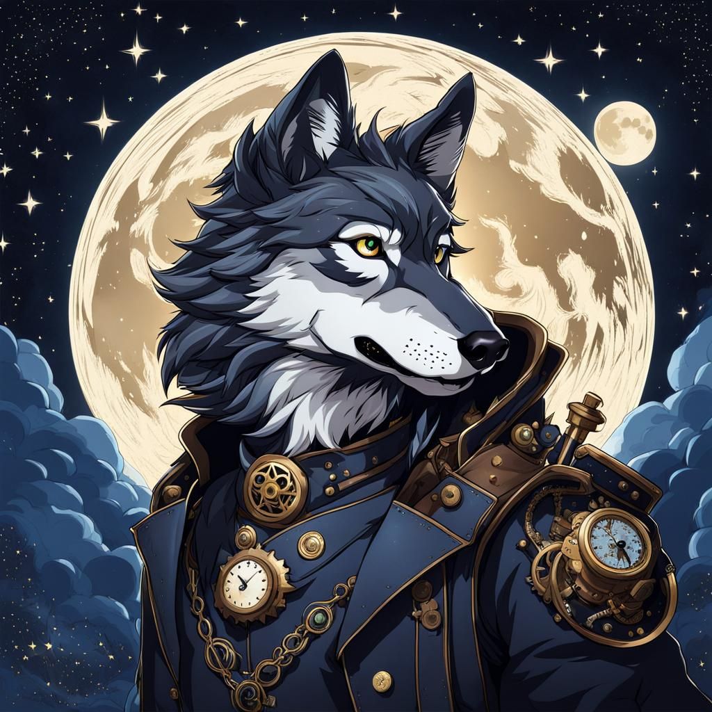 Steampunk Wolf Howling at Full Moon, Anime Style