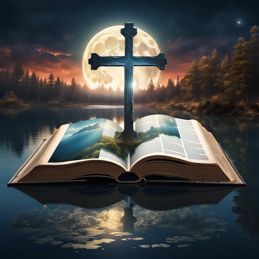 Double Exposure: Moon, Bible, and Cross