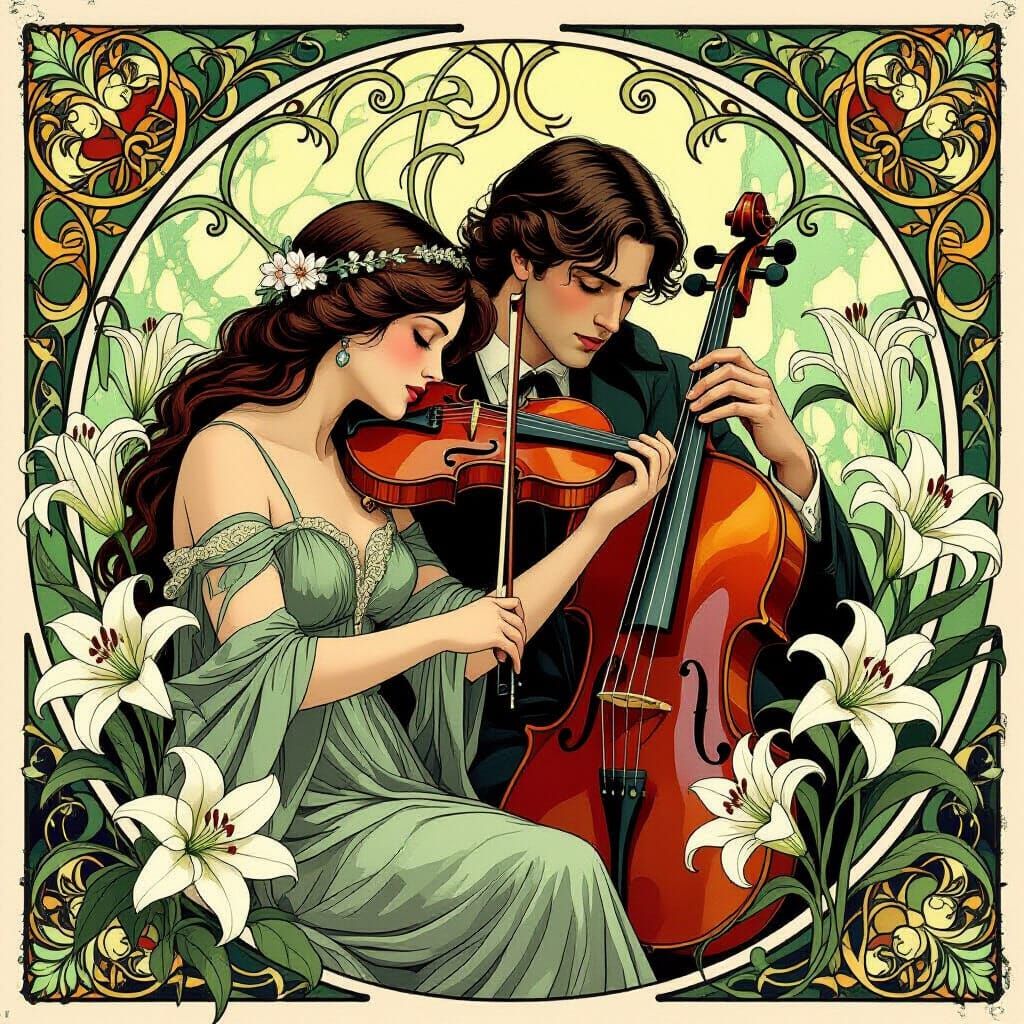 Art Nouveau Illustration of Weeping Violins and Lilies