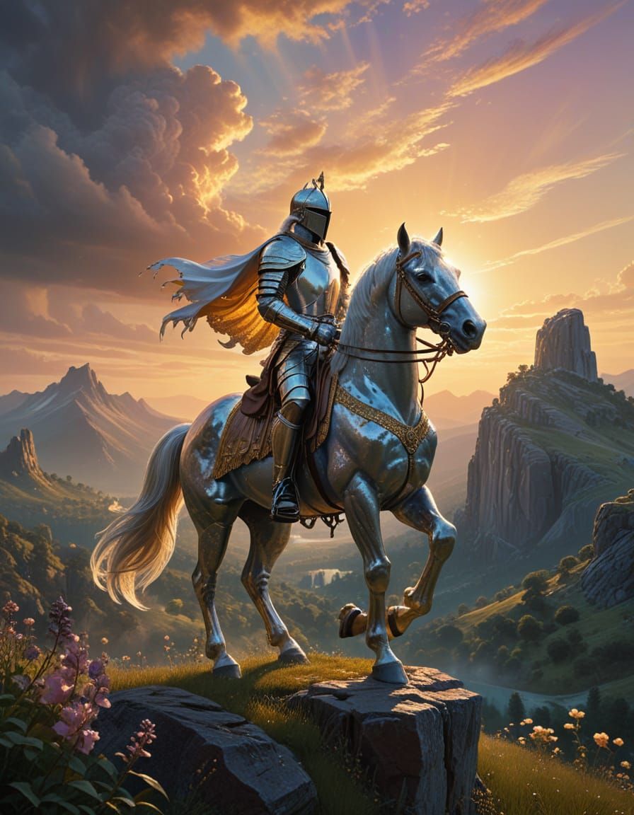 Majestic Knight in Silver-and-Gold Armor Surveys a Celestial...