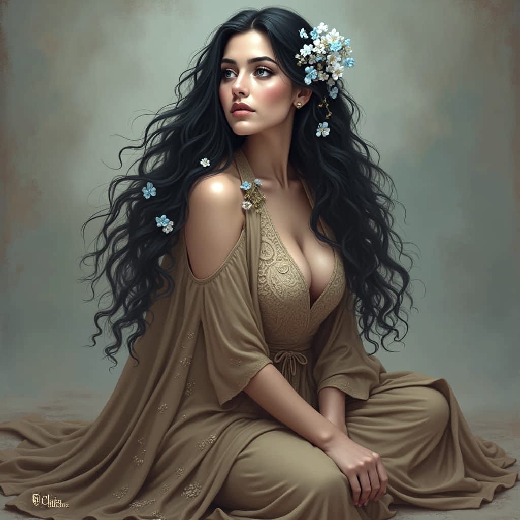 Portrait of Woman with Flowers, Digital Matte Painting