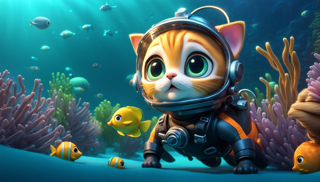 Adorable Kitten Diver in 3D Digital Art Style