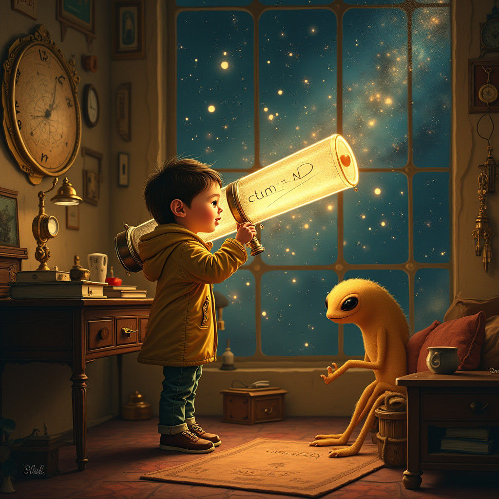 Child Astronomer's Cosmic Discovery in Retrofuturistic Style