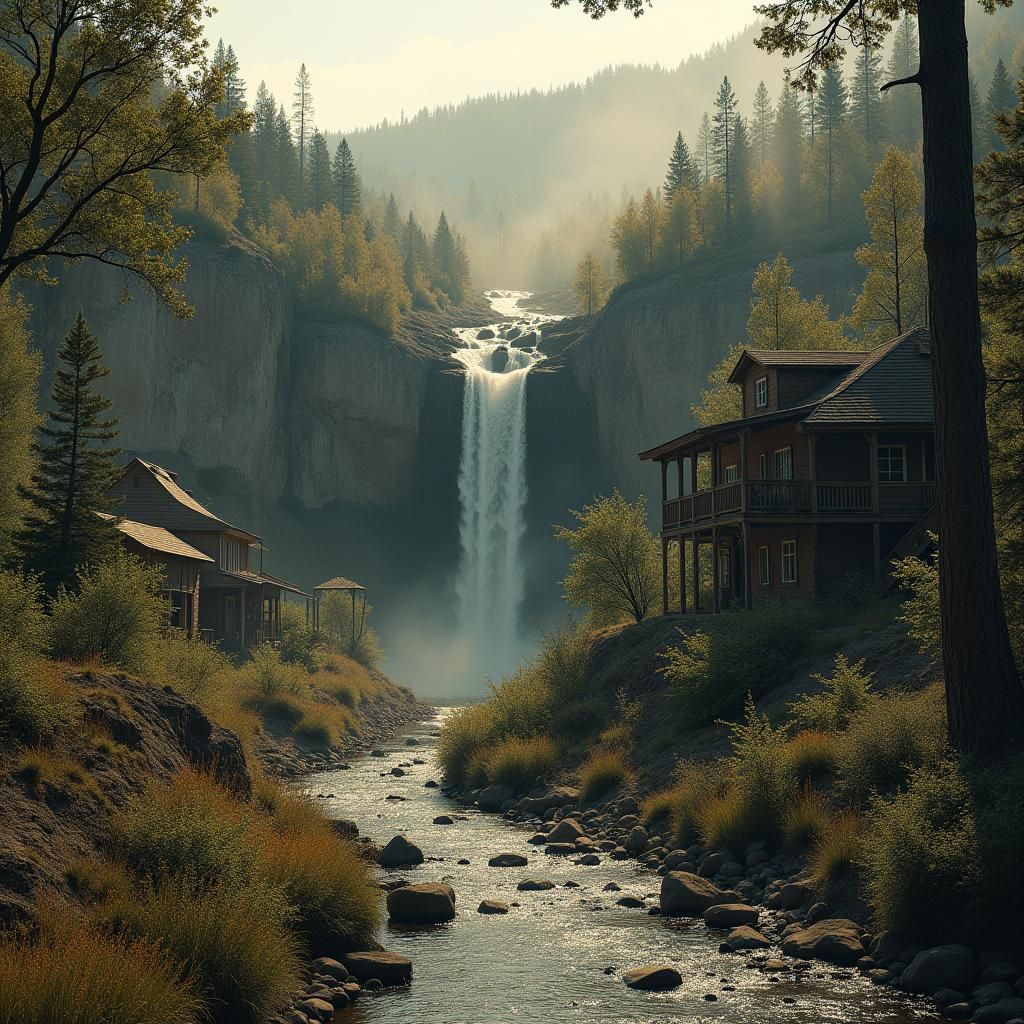 Western Town Waterfall: Moody, Atmospheric Landscape