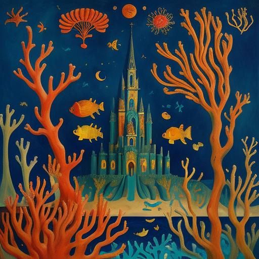 in the style of Remedios Varo, André Derain, Joan Miró,fanta...