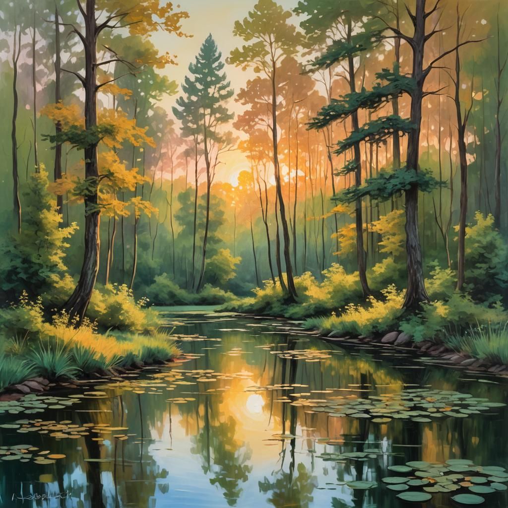 Impressionist Forest Pond Sunset Landscape in 8K