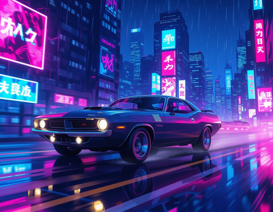 Muscle Car Speeds Through Neon Cyberpunk City in Comic Style