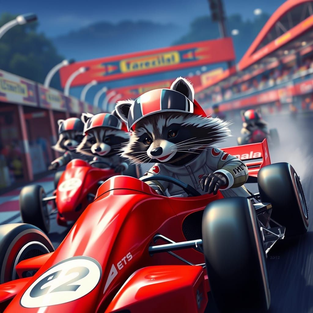 Raccoons Formula One Racing Team in Anime Style