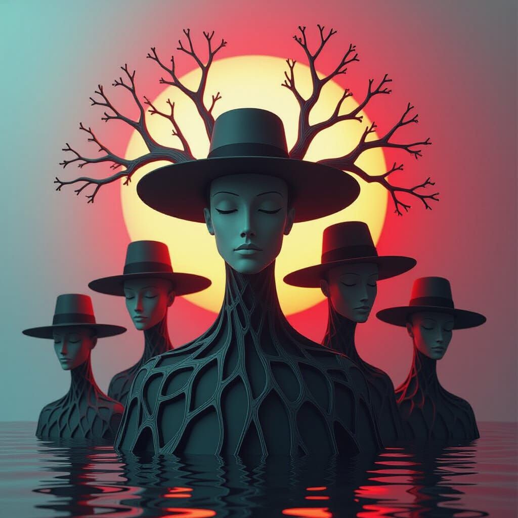 Abstract Figures Under Hat Tree: Whimsical Ethereal Art