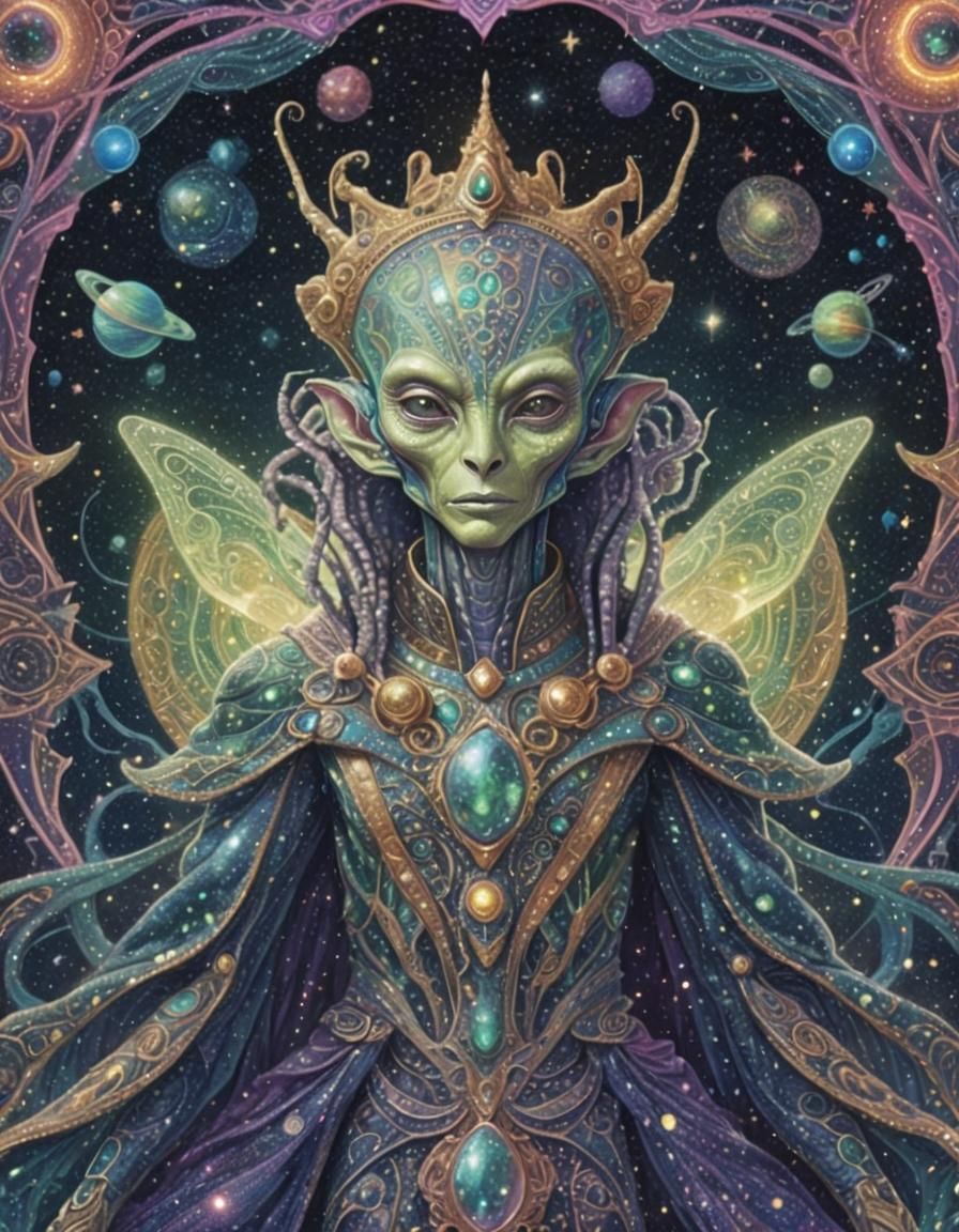 Elegant Alien Adventurer in Cosmic Pointillism Style