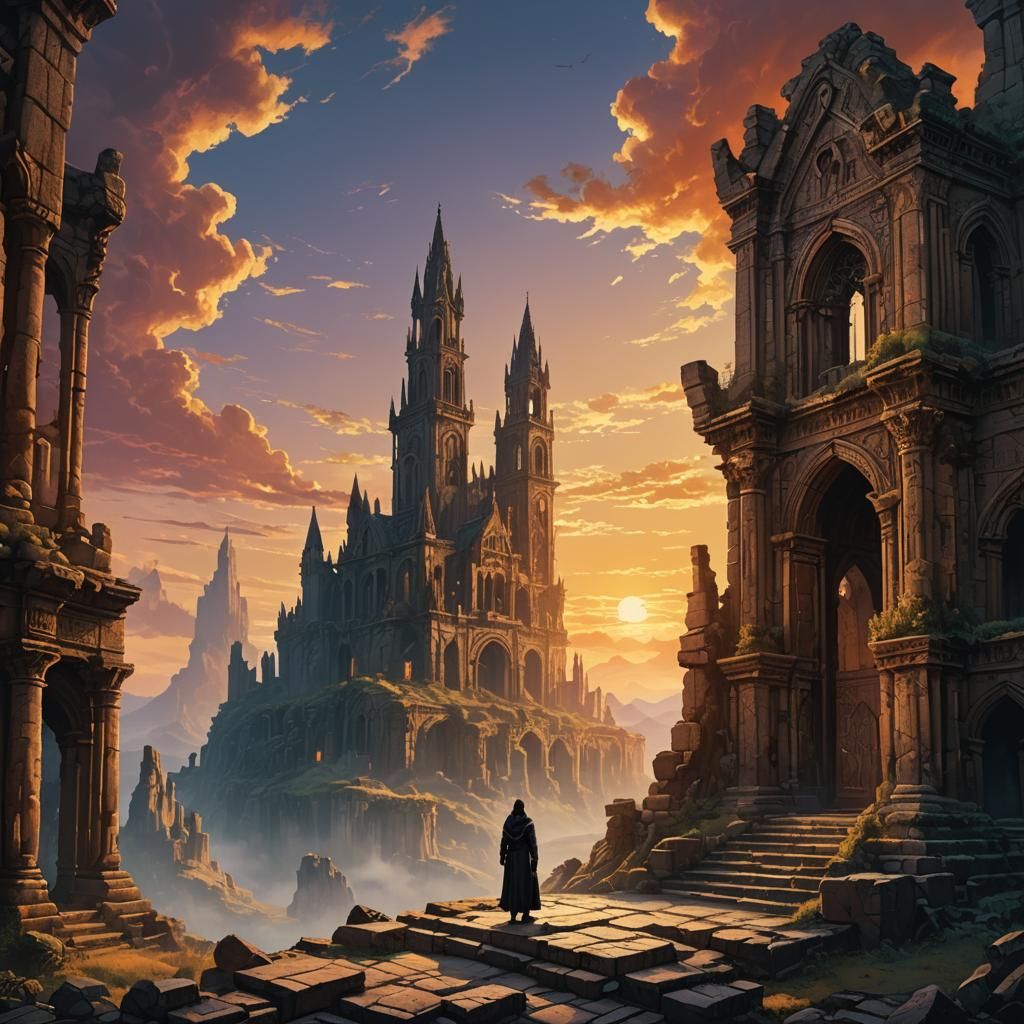 Gothic Fantasy Figure at Sunset in Mystical Ruins