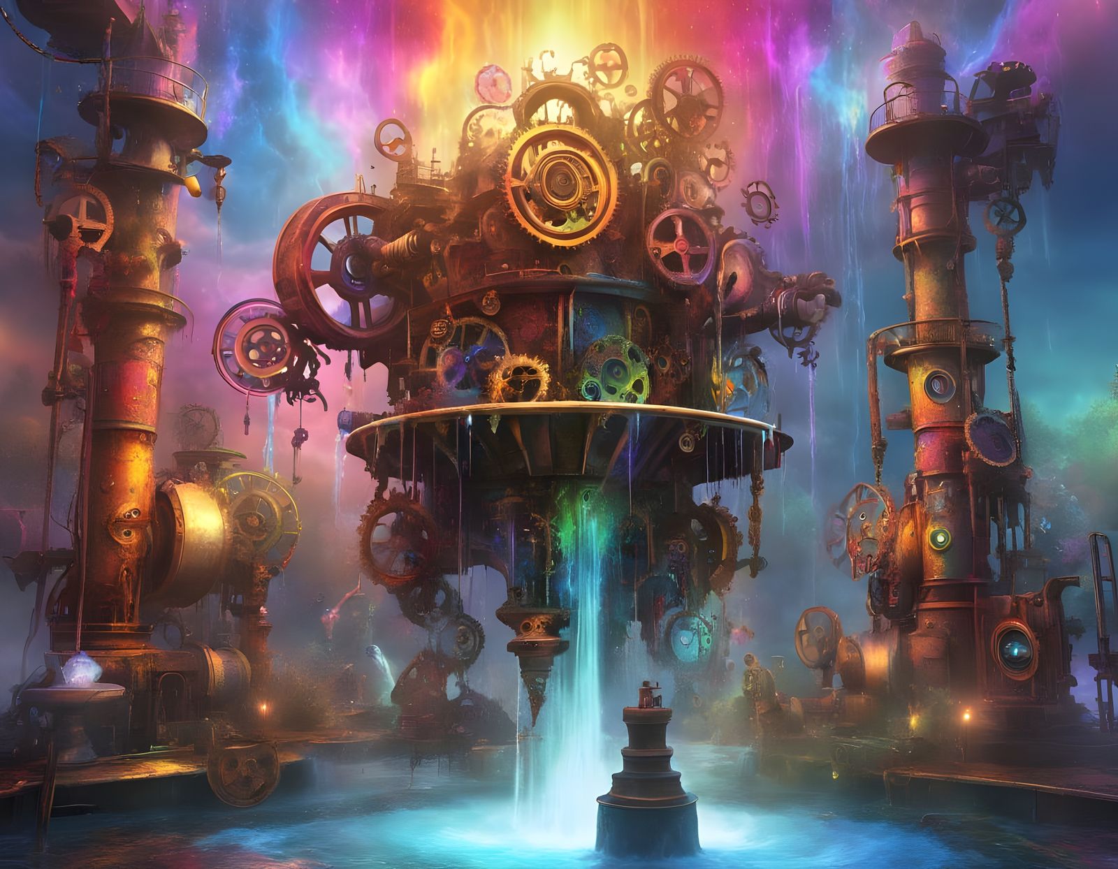 Psychedelic Scrap Metal Fountain with Rainbow Water