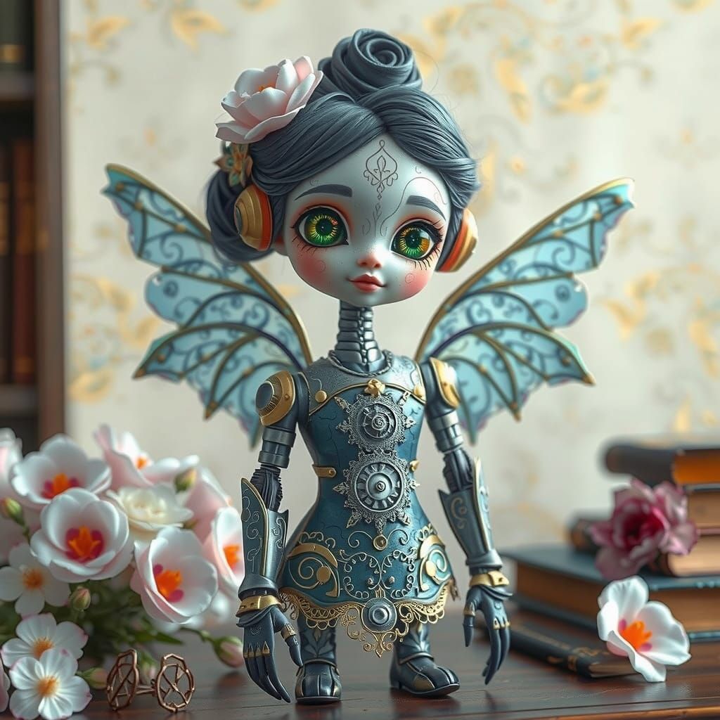 Intricate Steampunk Robot Figurine with Floral Accents