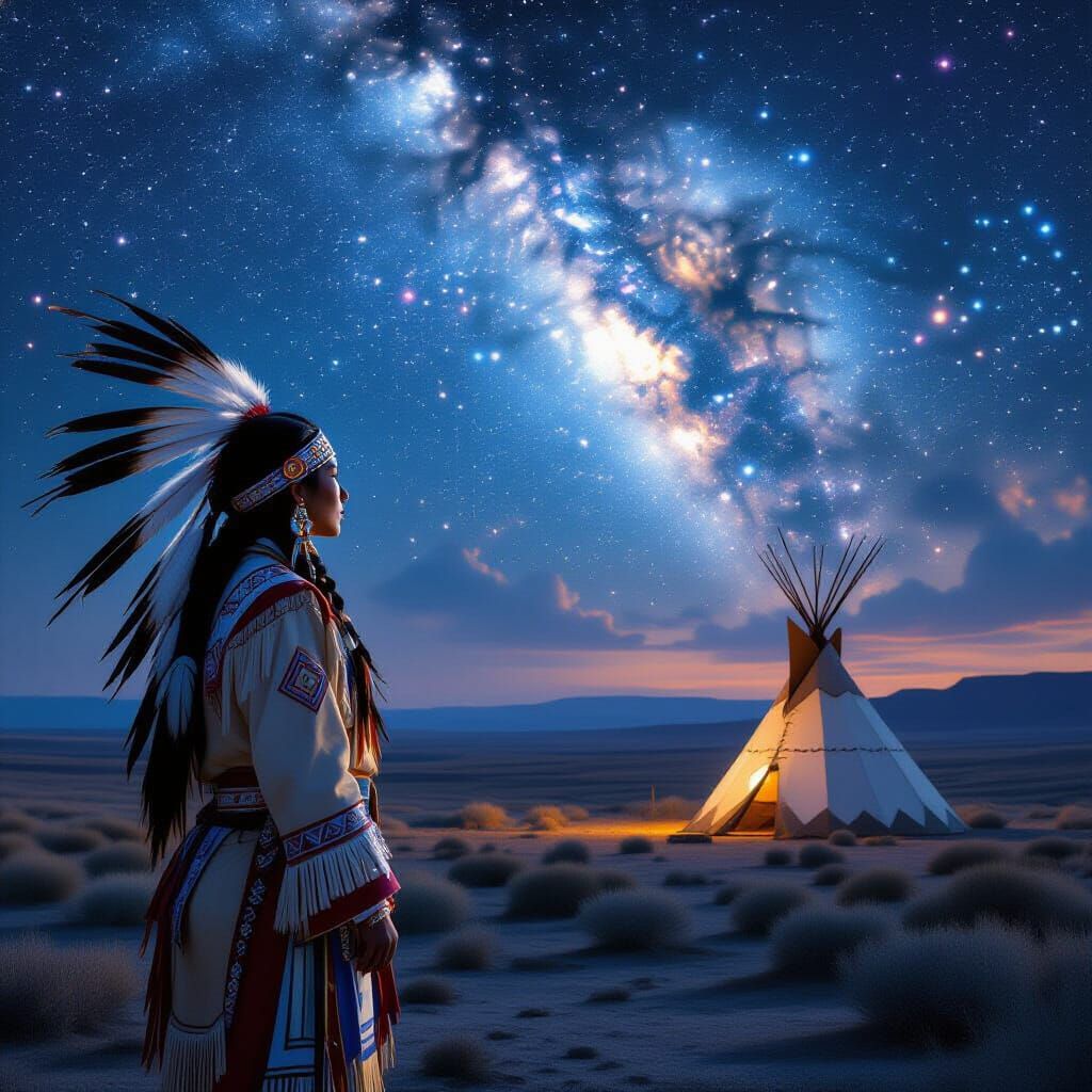 Nebula Gaze: Native American on Windswept Mesa