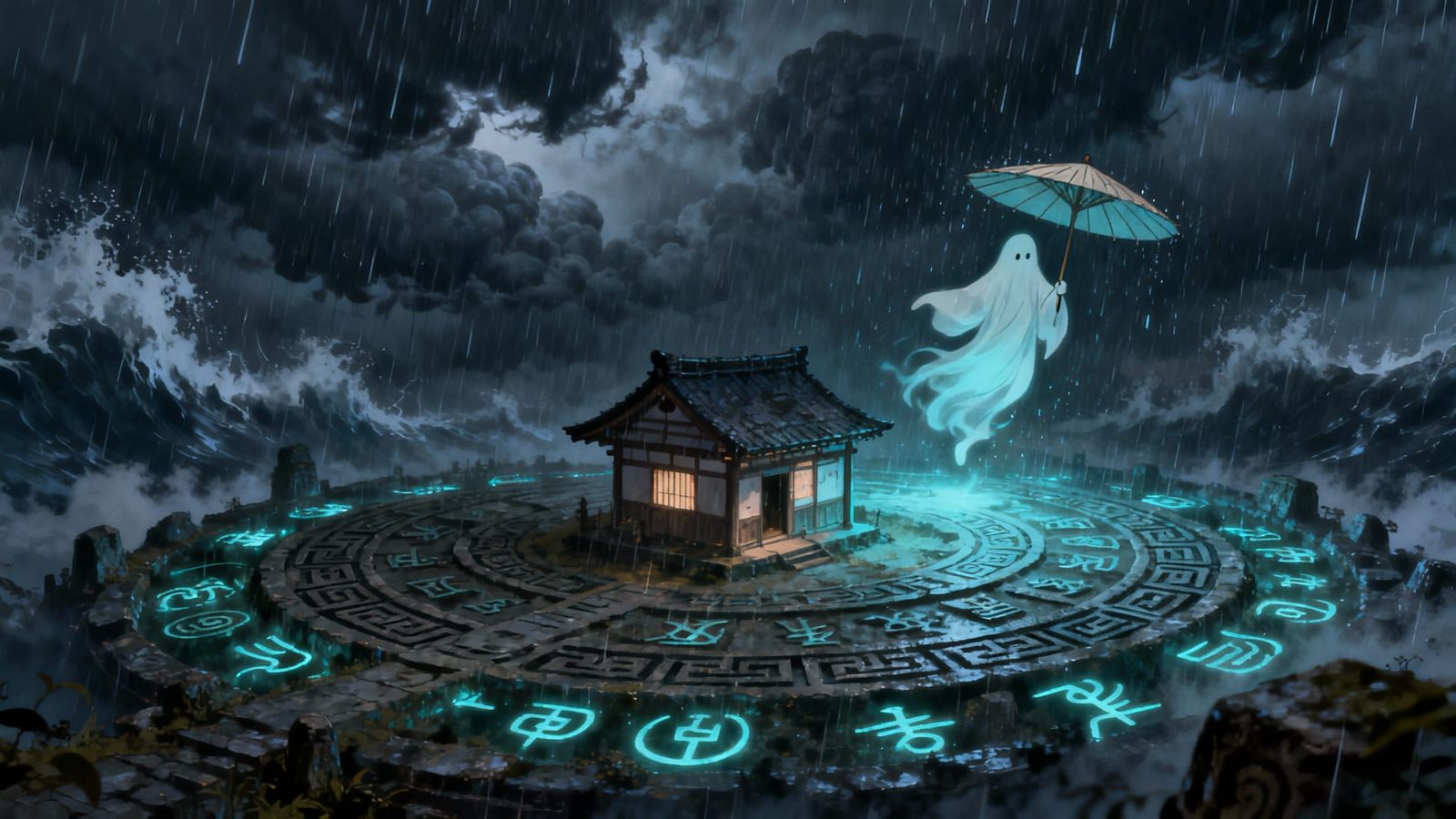 Japanese House in Stormy Ancient Empires with Umbrella Ghost