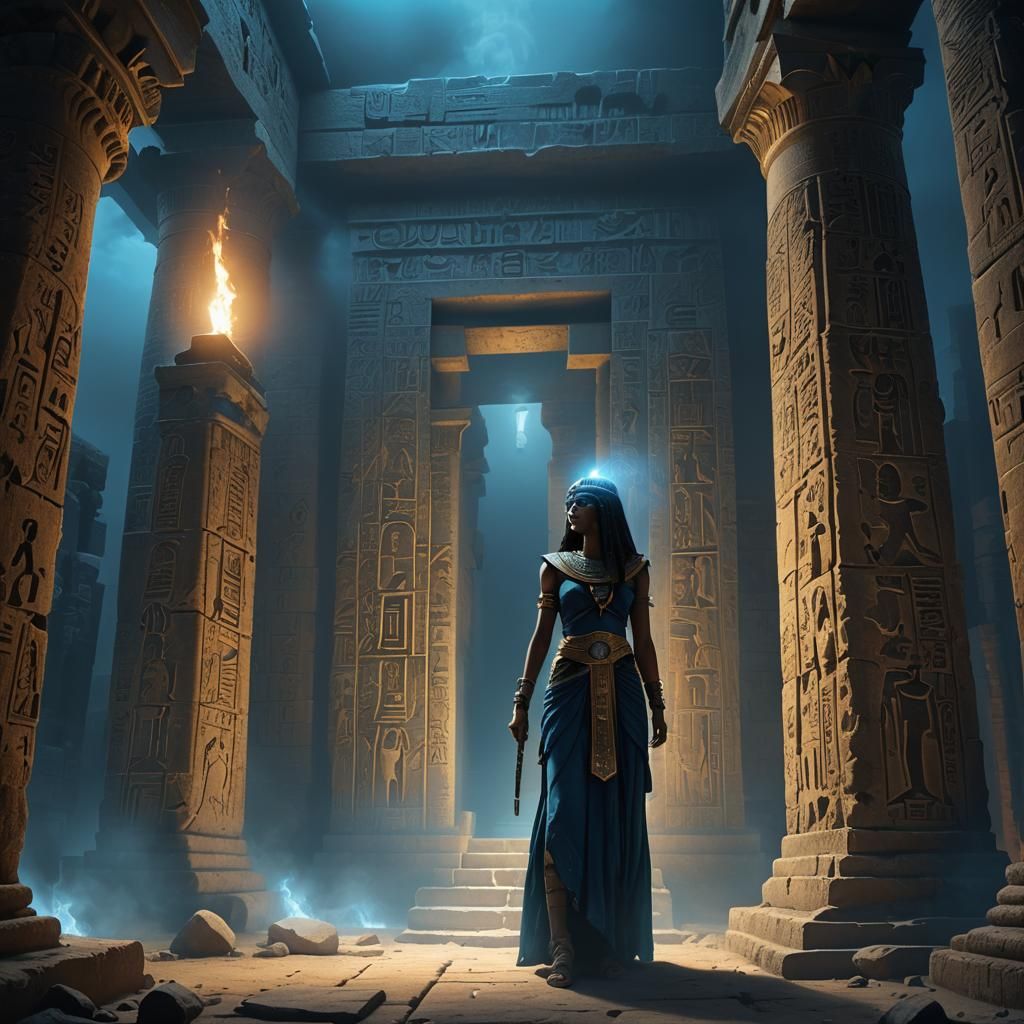 Eerie Egyptian Temple Ruins with Priestess, Dark Fantasy