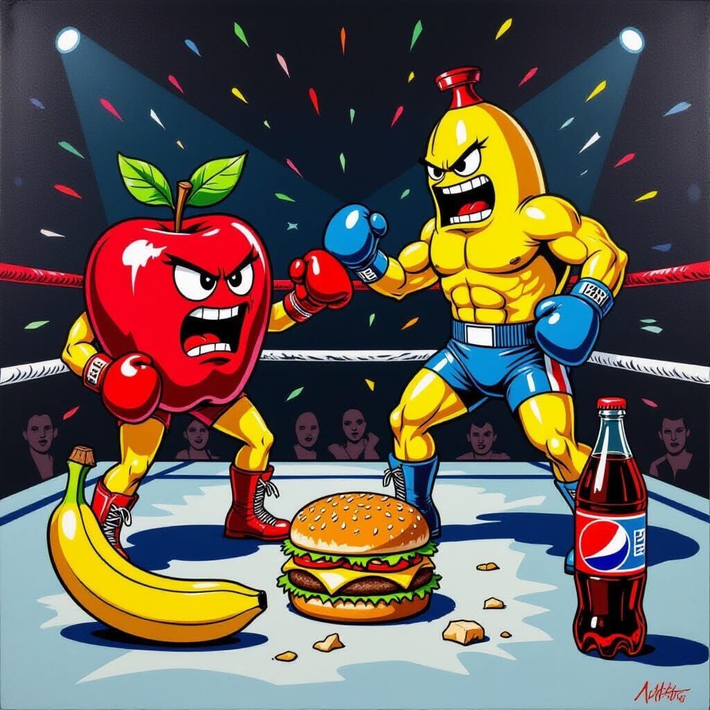 Pop Art Still Life: Fruit vs Fast Food Boxing Match