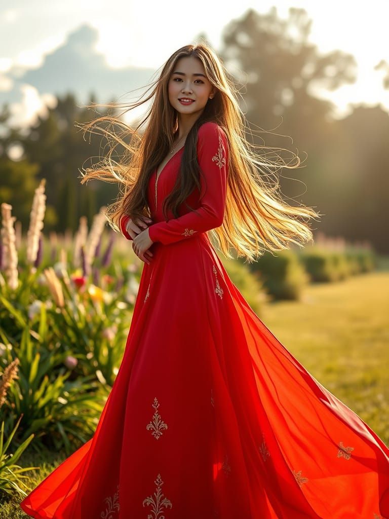 Radiant Woman in Red Silk Dress at Garden Party