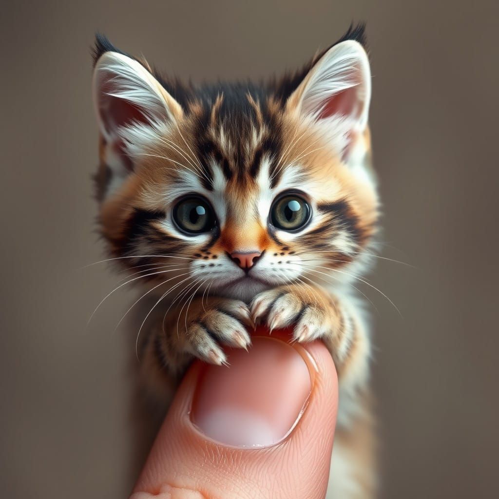 Realistic Portrait of Tiny Feline on Finger Tip