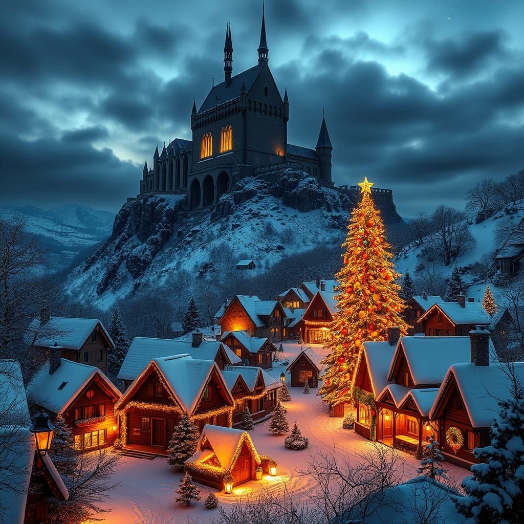 Winter Wonderland Scene with Radiant Village and Castle