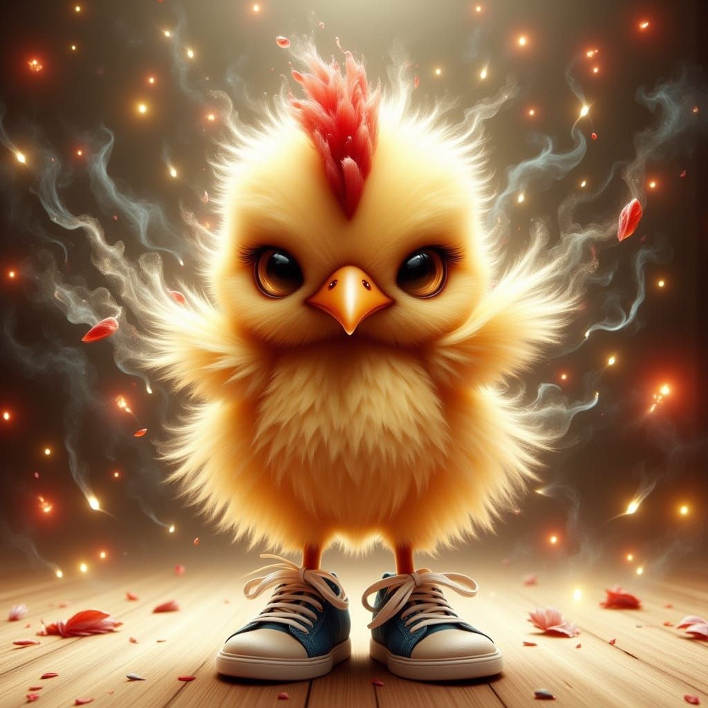 Grumpy Baby Chicken in Sneakers, Watercolor Style