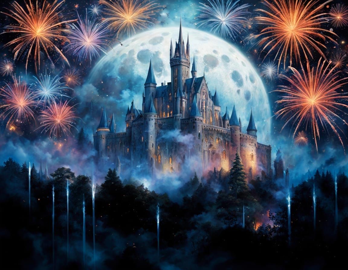 Gothic Castle on Shattered Moon with Cosmic Fireworks