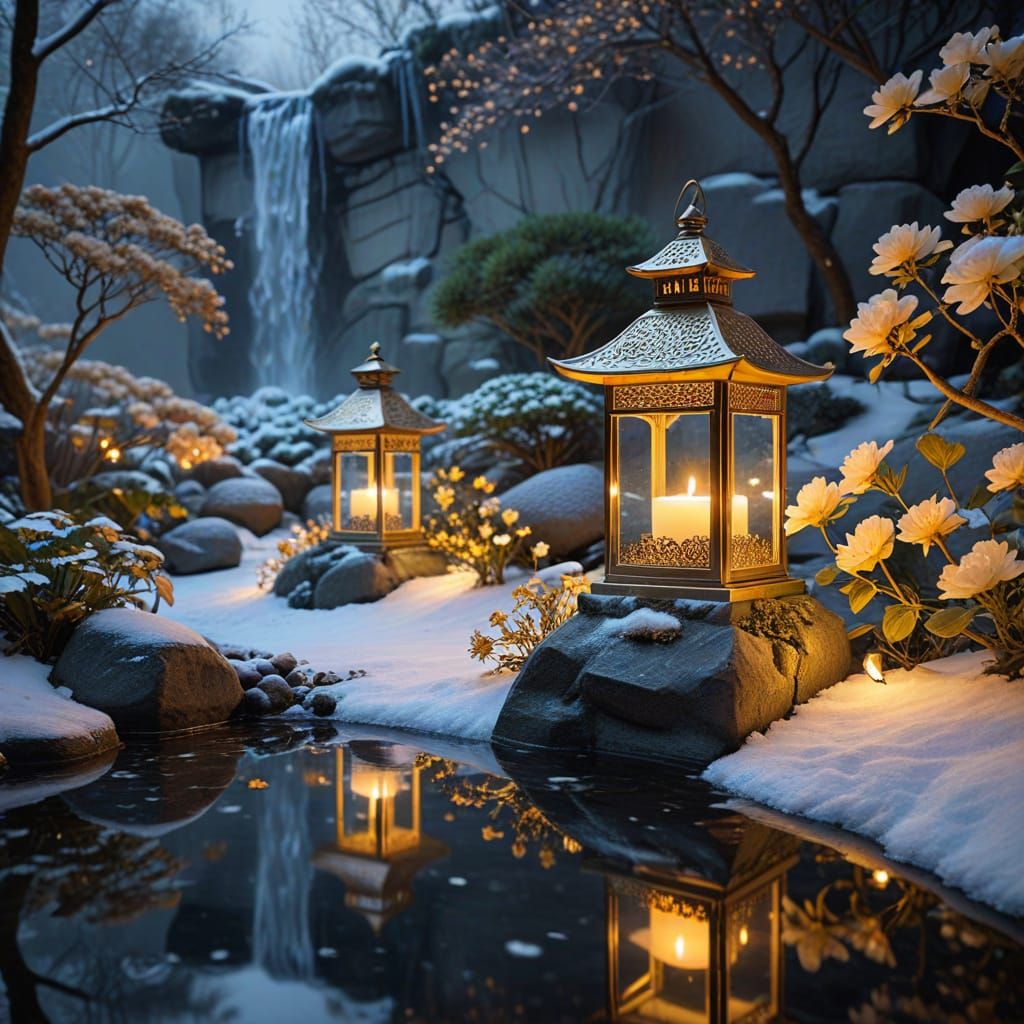 Golden Lanterns by Snowy Waterfall in Zen Garden