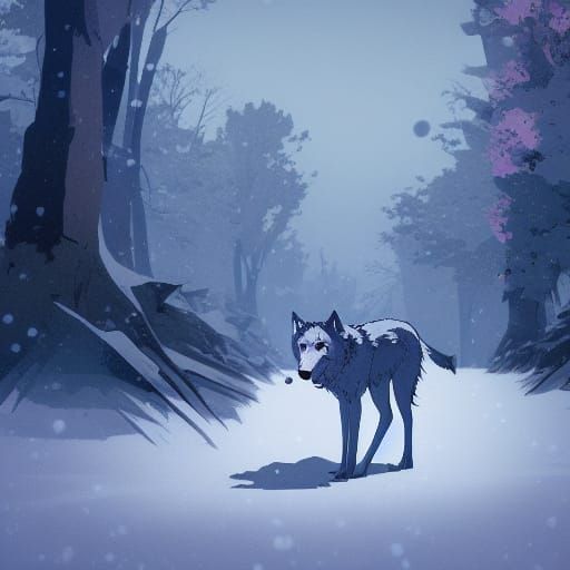 Gray Wolf in Snow, Anime Style Ghibli Art