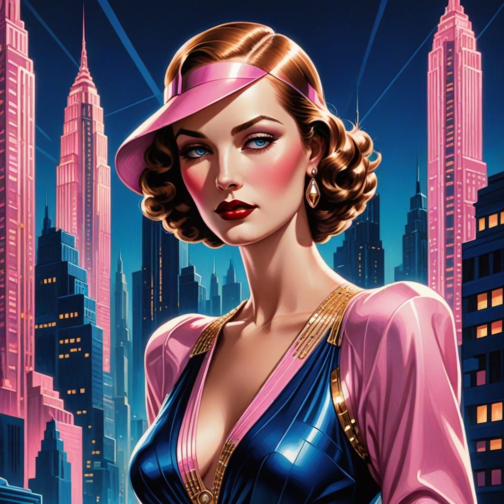 Glamorous Art Deco Woman in Futuristic Cityscape