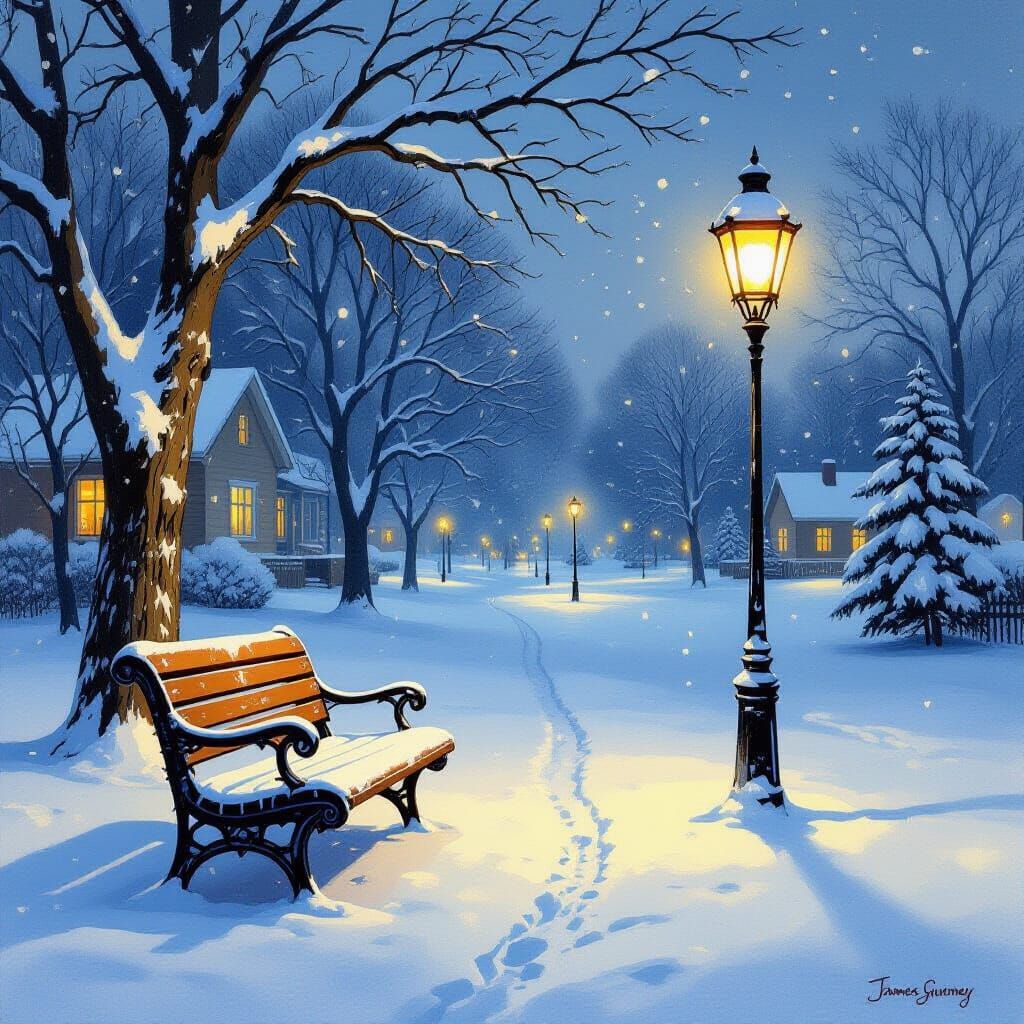 Winter Park Bench in Evening Light as Oil Painting