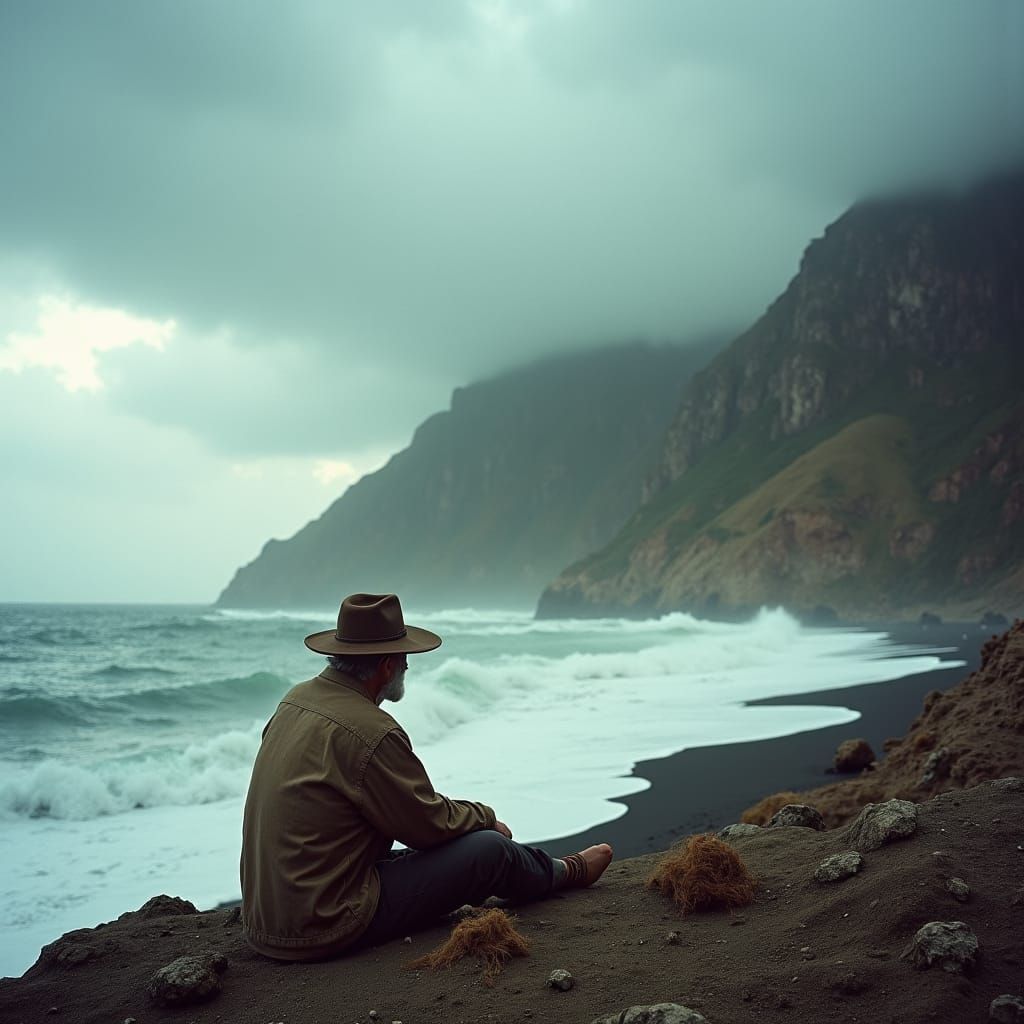 Geologist Contemplates Stormy Sea in Cinematic Style
