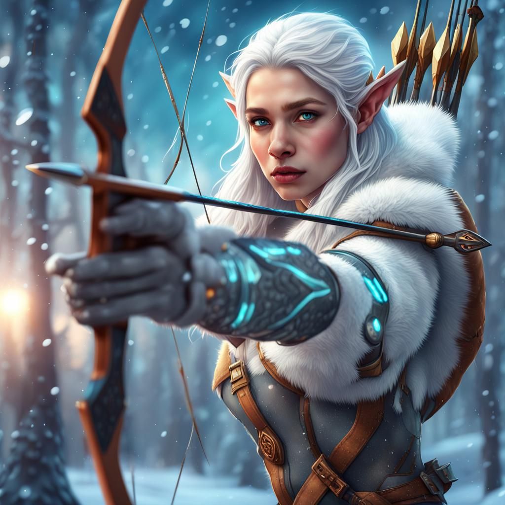 Elf with Futuristic Bow and Great White Bear