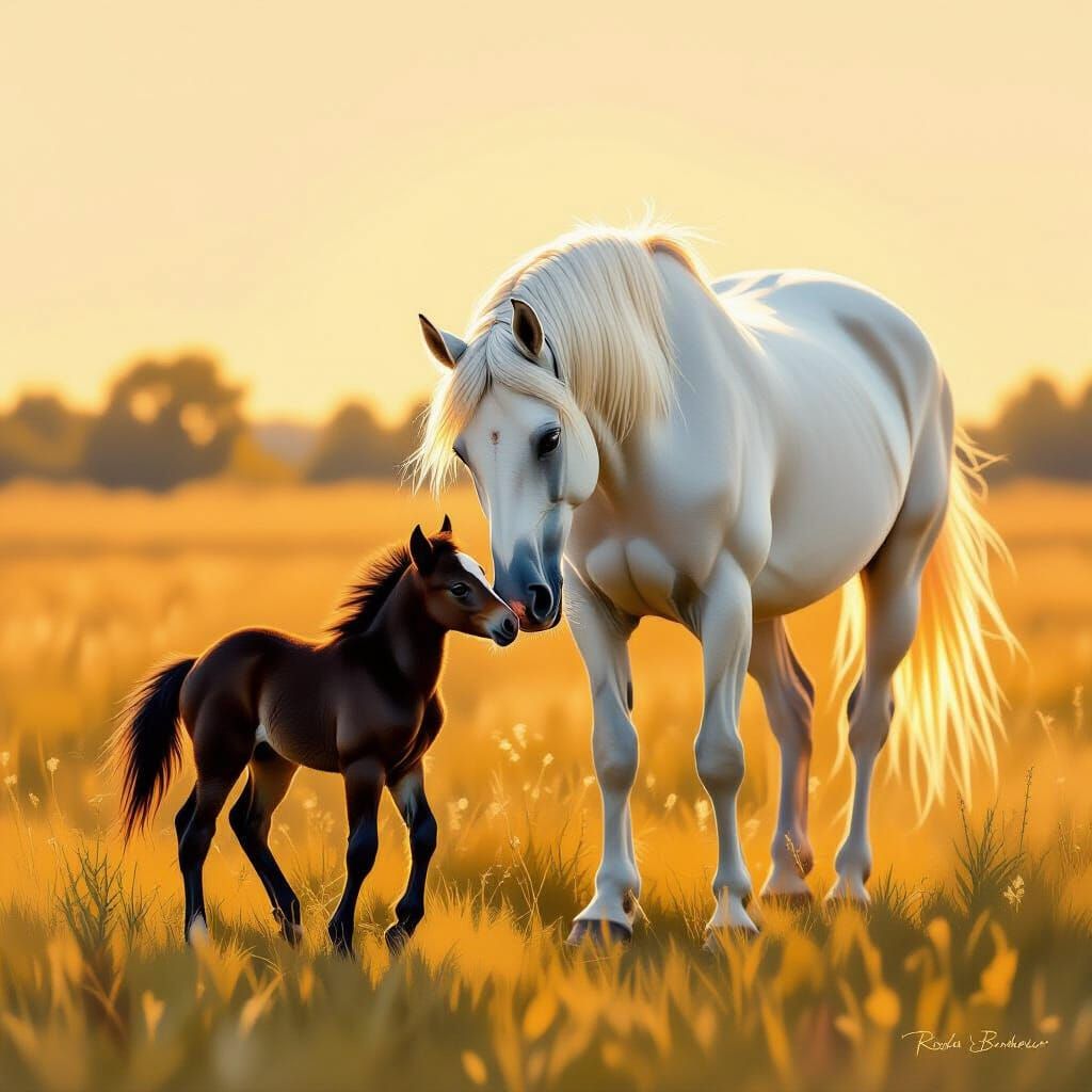Black Foal Follows Golden-Tailed White Horse in Painterly St...